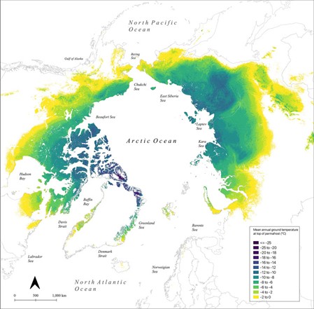 Modeled mean annual ground temperatures (°C) at the top of the permafrost for the Northern Hemisphere at a 1 km spatial resolution. The 0°C isotherm is indicated by the boundary between colored and noncolored areas. Adapted from Obu et al. (2019).
