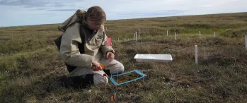 a woman kneeling down in a field setting up an observation