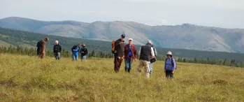 a group of people walking across a grass covered field