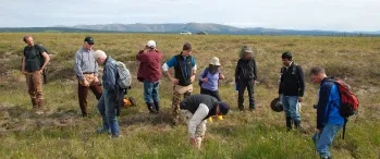 a group of people standing on top of a grass covered field