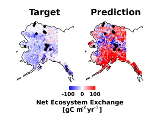 Present net ecosystem exchange across Alaska for target simulated data (left) and machine learning predictions (right) reveal large discrepancies in predictions. Green dots denote locations of sites used to train the machine learning model.